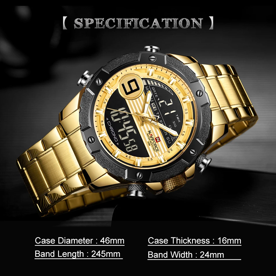 NAVIFORCE Military Stainless Steel Waterproof Gold Men Watch Men's Dual Display Quartz Wristwatches