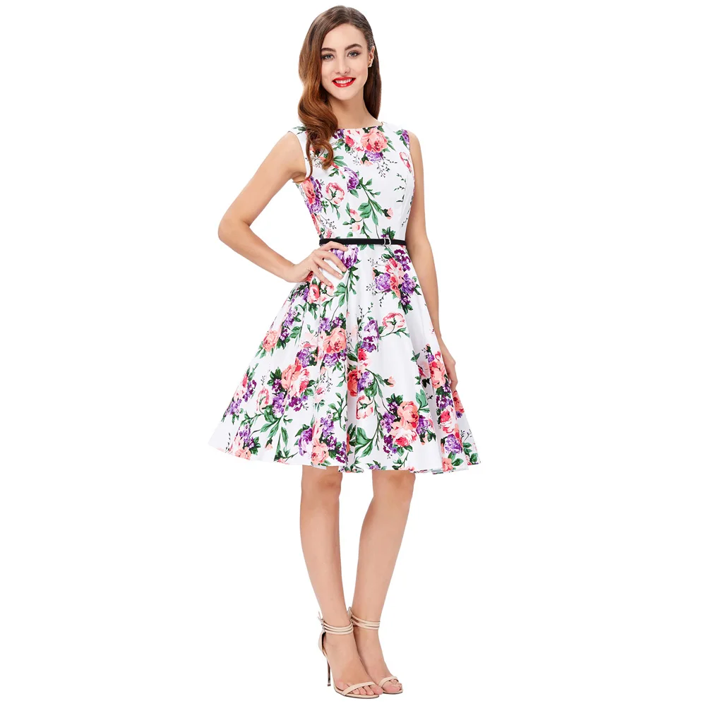 

Women dress Summer Vibrant pattern Sleeveless Crew Neck Fit Flare removable belt A-line Dress Party Beach Sundress Women's Dress