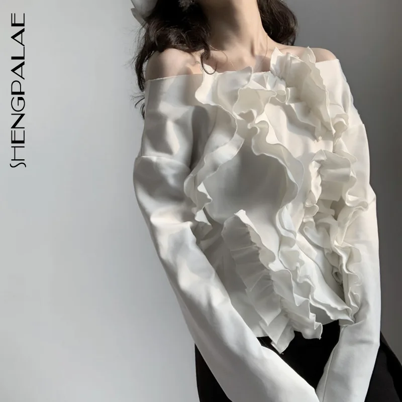 

SHENGPALAE 2019 Women Clothes New Pattern Long Sleeve Slash Lead Backless Woman Ruffles Edge Sexy Female Summer T-shirt FM141