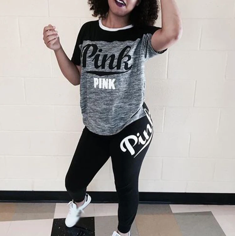 

PINK Printing Women'S Outfits Short Sleeve T-Shirts And Long Pants 2 Piece Set Fitness Plus Size XXXL Women'S Summer Tracksuit