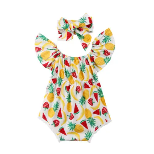 Summer Baby Girls Fruit Print Ruffle Sleeve Bodysuits Headband Outfits Casual Baby Summer Clothes Hot