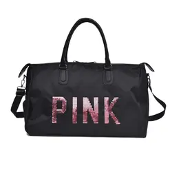 Новые Сумка-тоут для путешествий сумка блесток розовые буквы разработан из искусственной кожи для женщин плечо дорожная сумка большой