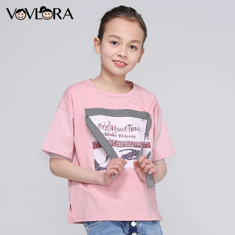 Girls Tops Print Letter Patchwork Mesh Ribbon Kids TShirt Side Slit O Neck Cotton clothes Summer 2018 Size 9 10 11 12 13 14 Year