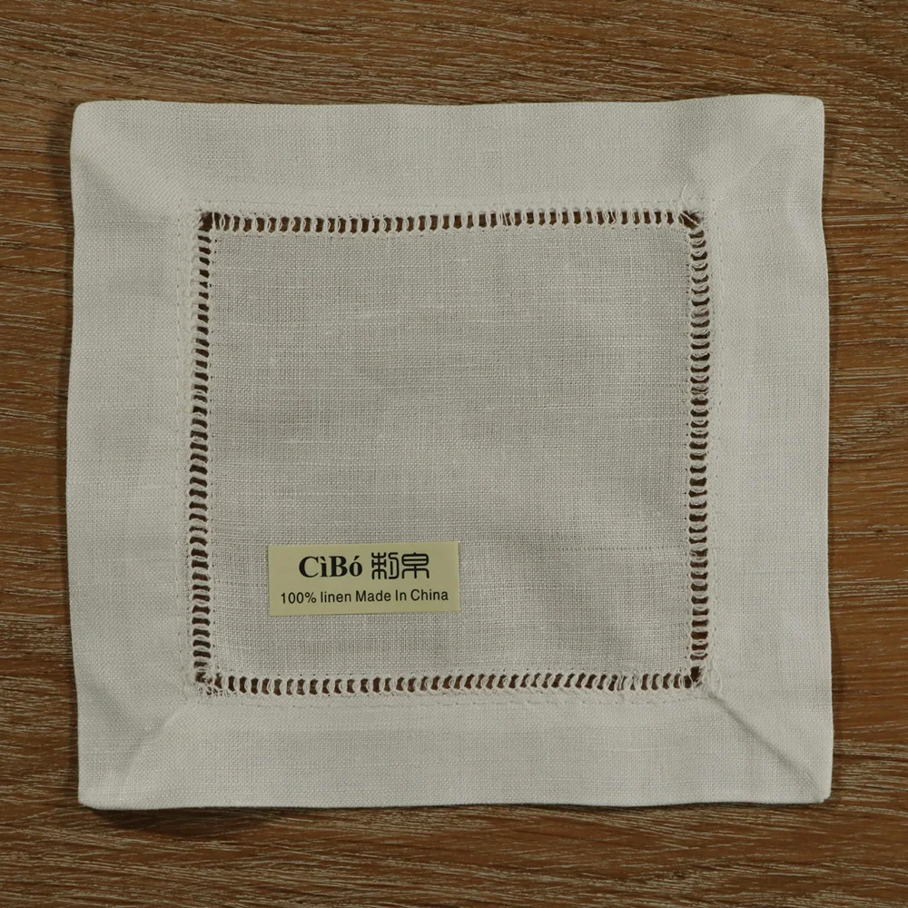 

N022-6: 12 pieces Beige Linen Hemstitched Cocktail Napkins 6" X 6" Ladder Hem Stitch Cloth Napkin Coasters