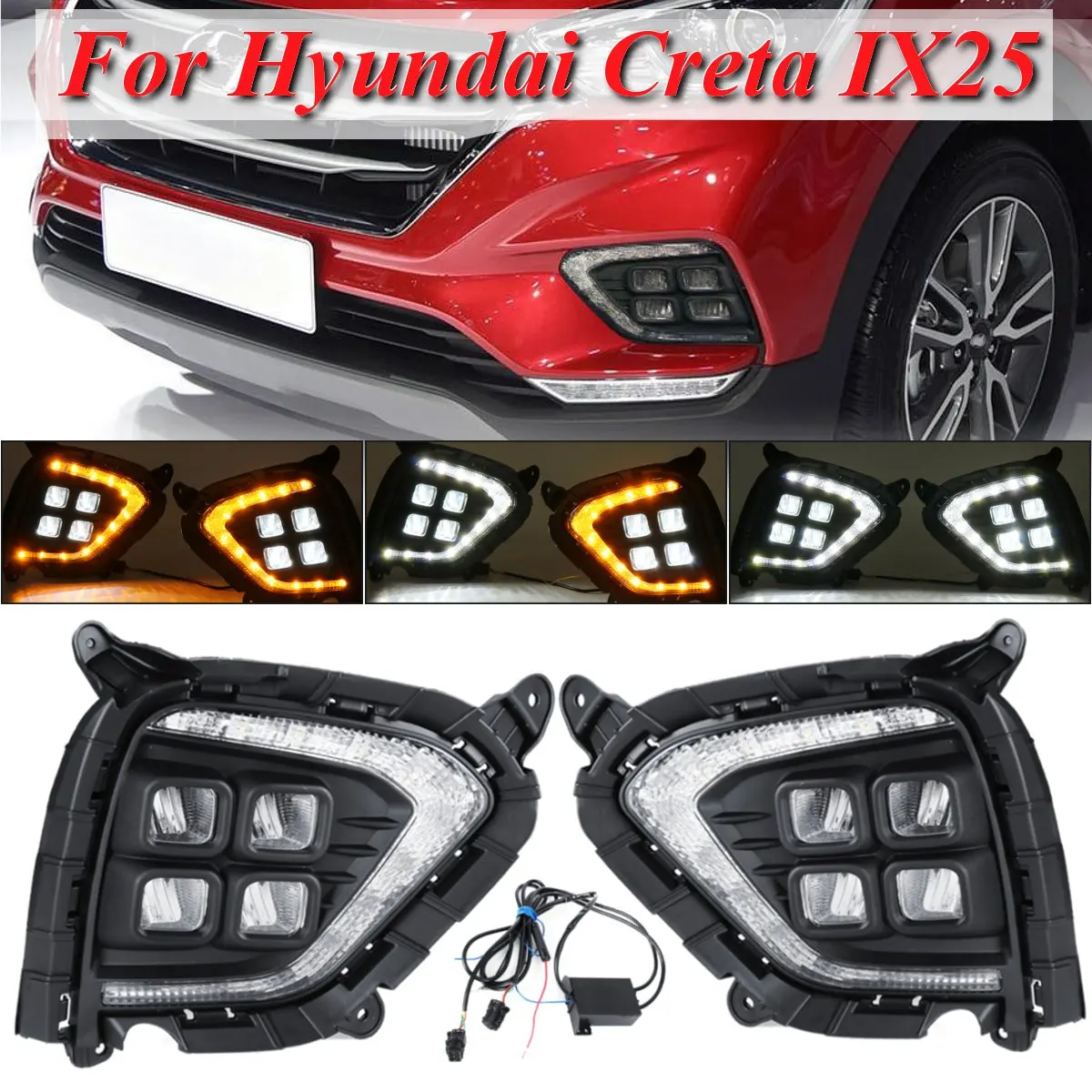 

For Hyundai Creta IX25 2017-2018 Pair LED DRL Daytime Running Lights Lamps Fog Lamp With Yellow Turn Signal Light
