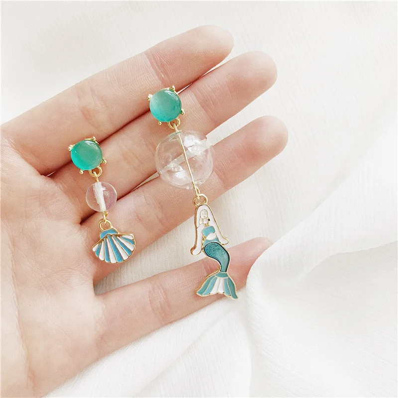 

Vintage Dark Green Glass Ball Circle Dangle Long Earrings For Women 2019 Asymmetric Bubble Korean Earrings Shell DangleEarring