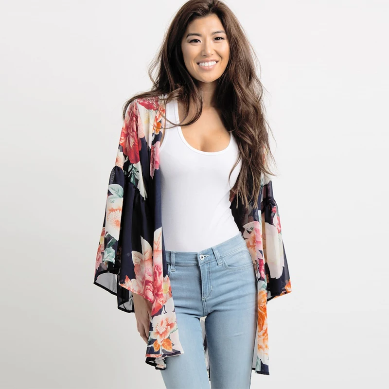 

Fashion Boho Casual Chiffon Kimono For Women Floral Print Long Sleeve Loose Cardigan Coat Summer Sun-proof Beachwear 2019