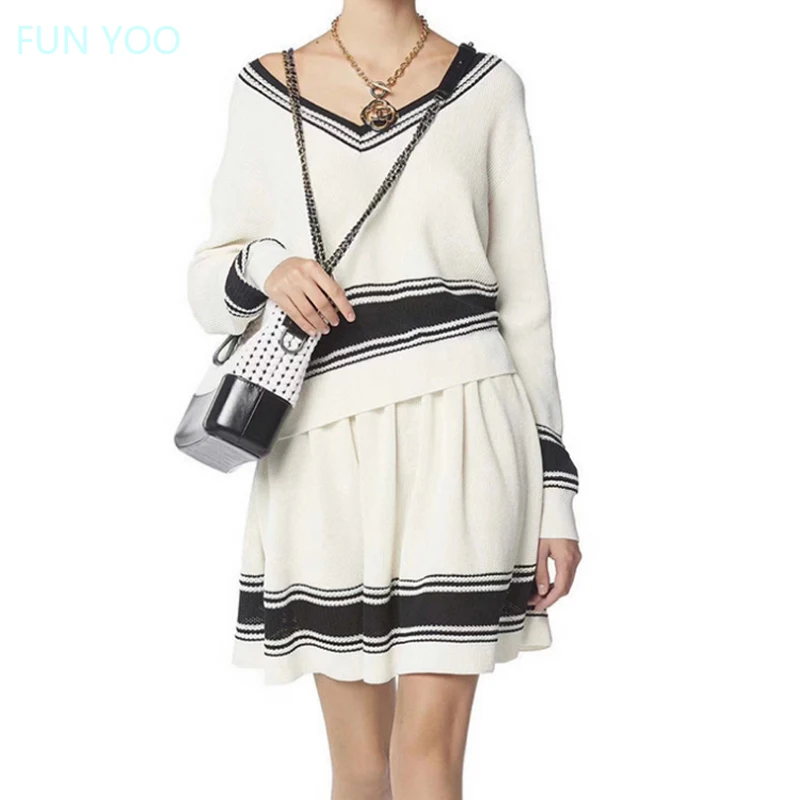 

2019 Women Two Piece Set V-neck Long Sleeve Pullover Sweather Knee-length Skirt Elegant White Black Outfit Suit