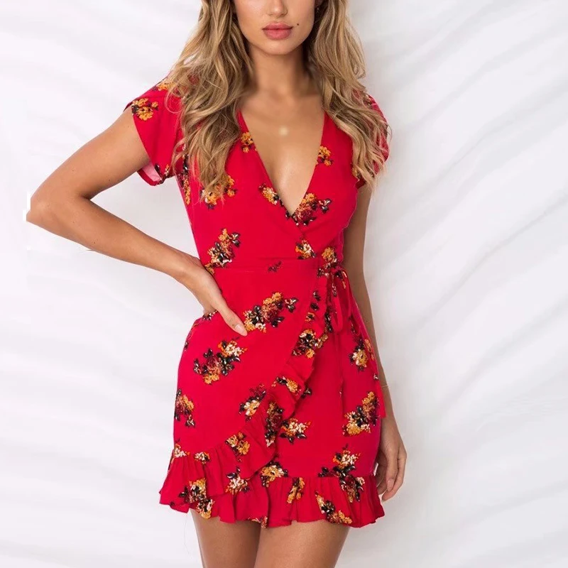 

Plus Size Women V Neck Floral Printed Ruffled Lace-up Dresses Holiday Mini Dress