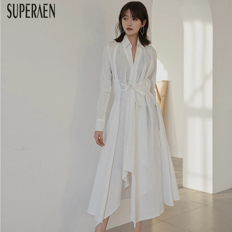

SuperAen New Spring 2019 Women Long Dress Solid Color Cotton Fashion Casual Dress Female Europe Wild Women Clothing