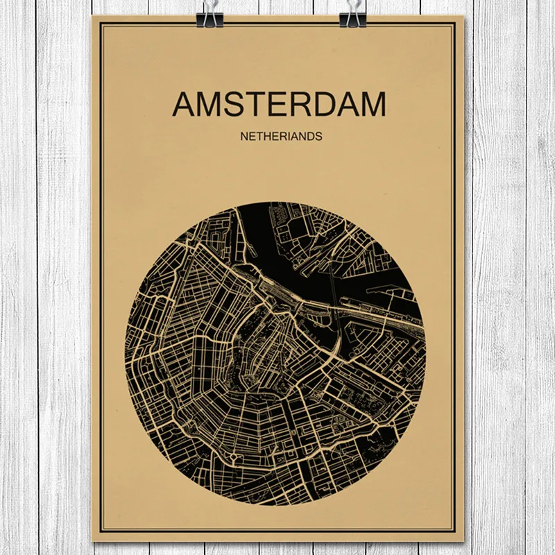 

Vintage Retro Poster Amsterdam Round World City Map Kraft Paper Poster Wall Art Sticker Cafe Bar Design Living Room Home Decor