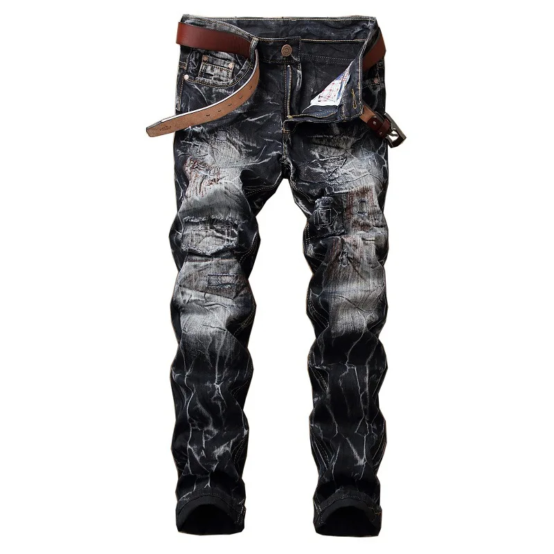 Famous Brands Fashion Designer Jeans Men Straight Retro Black Yellow Color Printed Mens Biker Jeans Ripped Jeans Hole Do The Old