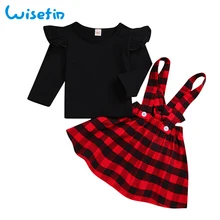 

Wisefin Baby Girl Clothes Winter Ruffles Tops Shirts+Plaid Overalls Skirt Toddler Girls Sets Infant Clothing Set Girls Outfits