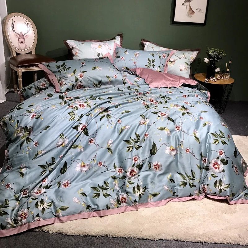 

Blue Egyptian cotton duvet cover bedspread bedding set floral plant print Soft Satin blue princess pastoral style bed linen