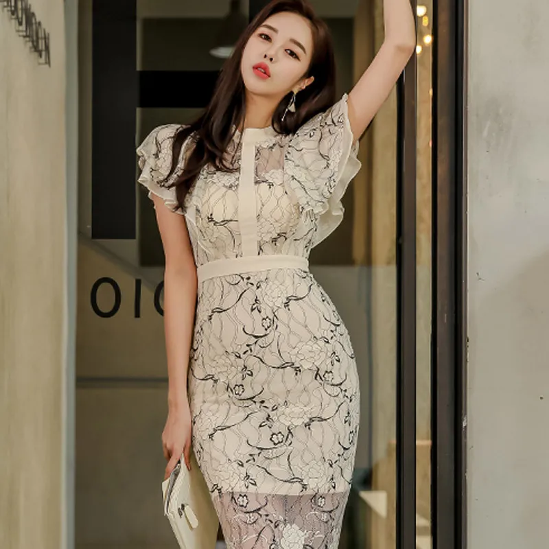 Летнее кружевное платье-карандаш в Корейском стиле, женское платье-футляр с рукавом-бабочкой, элегантное лоскутное платье в стиле хип-хоп, посылка, Vestidos Femme