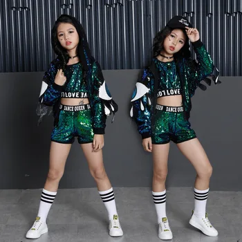 

Children's Jazz Dress Girls sequins hip-hop Korean version suit children hip-hop Modern Dance Costume