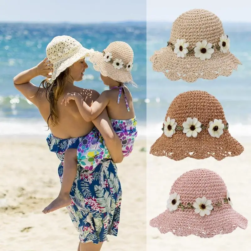 

Summer 2019 Chic Summer Kids Floral Decor Straw Hats Children Beach Baby Girls Sunhat Round Top Baby Sun Hat
