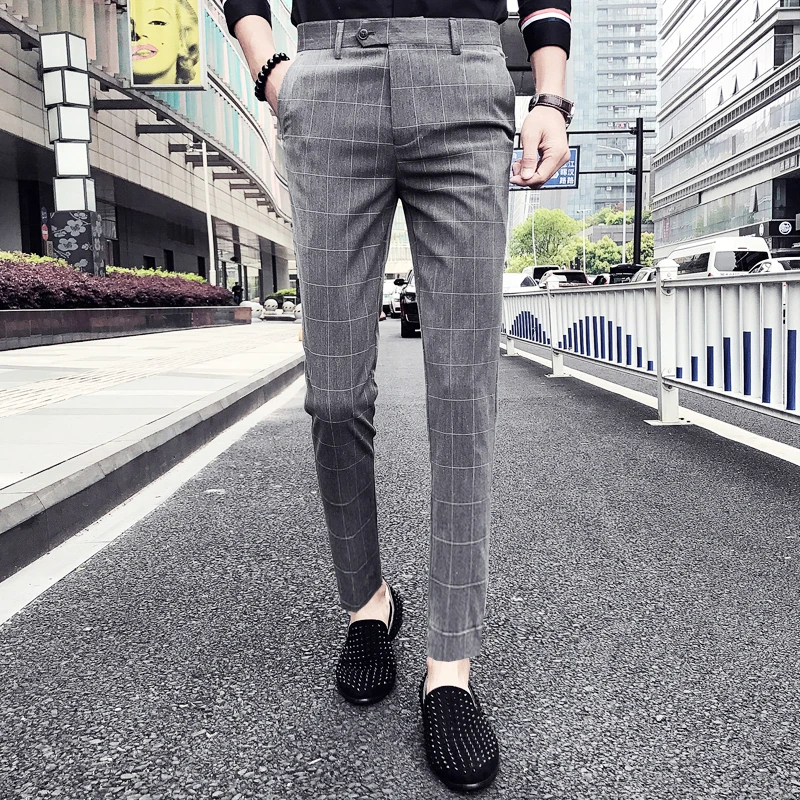 Мужские клетчатые брюки Pantalon черные/серые повседневные для офиса свадьбы |