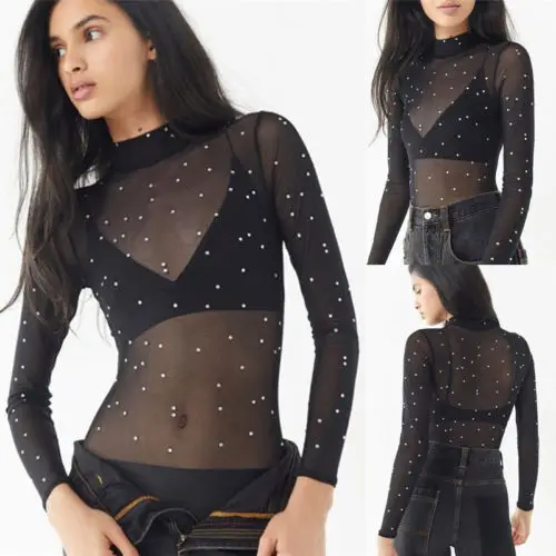 Для женщин пикантные жемчужные Водолазка с длинным рукавом Sheer Mesh See Through облегающий Костюм Стретч ползунки Топы корректирующие