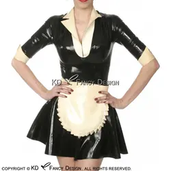 Черный с белым кокетливая Французская горничная латекс платье с половиной рукава фартук молния на спине резиновая Униформа Bodycon Playsuit LYQ-0164