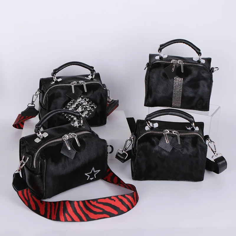 Koop Herfst En Winter Warm Bont Tassen Lederen Diamond Handtas Paard Haar Antieke Avond Bakken Brede Schouderriem Cossbody Satchel