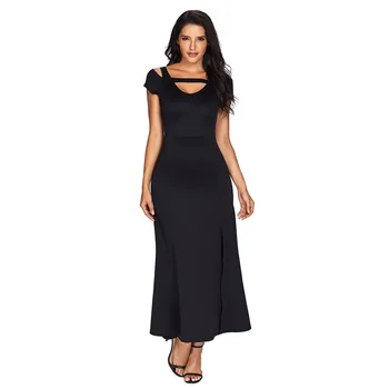 

Solid Color V Lead Short Sleeve Pendulum Full Dress Leisure Longuette Woman