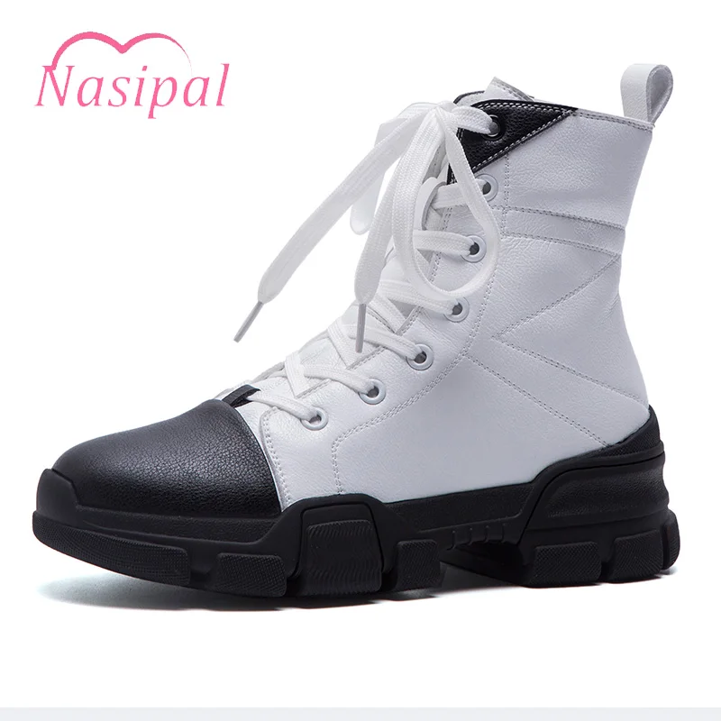 

Nasipal Genuine Leather Women's Shoes Flat Platform Heels Ankle Boots Autumn Winter Martin Boots Women Black White Lacing Shoes