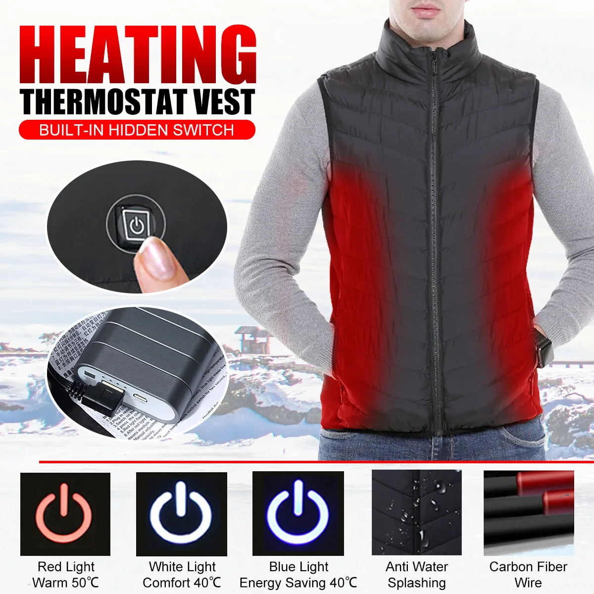 

Mens Winter Heated USB Charge Hooded Work Jacket Coats Vest Adjustable Temperature Control Safety Clothing