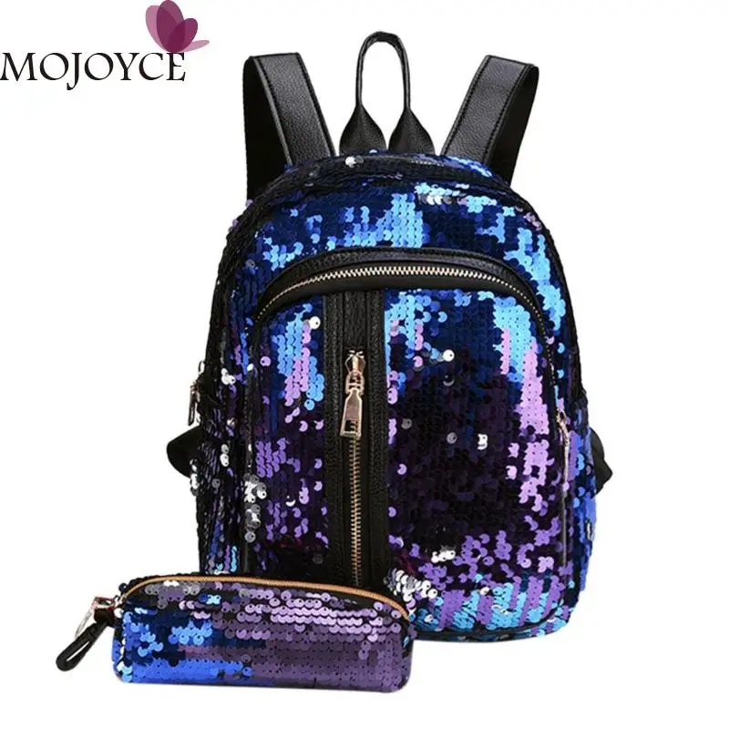 

2 pcs/Set Glitter Sequins Backpack New Teenage Girls Fashion Bling Rucksack Students School Bag with Pencil Case Clutch Mochilas