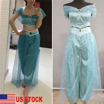 

hirigin Women Sets Aladdin Jasmine Princess Cosplay Women Girl Fancy Dress Up Party Costume Sets Mesh Decoration Pants+Crop top