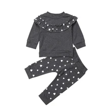 Комплект одежды из 2 предметов для маленьких девочек на осень-зиму, плотная теплая футболка с оборкой для малышей+ леггинсы, штаны, костюм в горошек, комплект одежды, От 0 до 4 лет