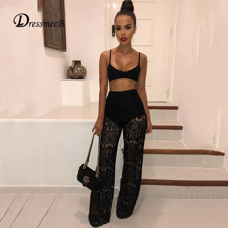 DRESSMECB кружевной сексуальный комбинезон топ и брюки женский комплект 2 шт.