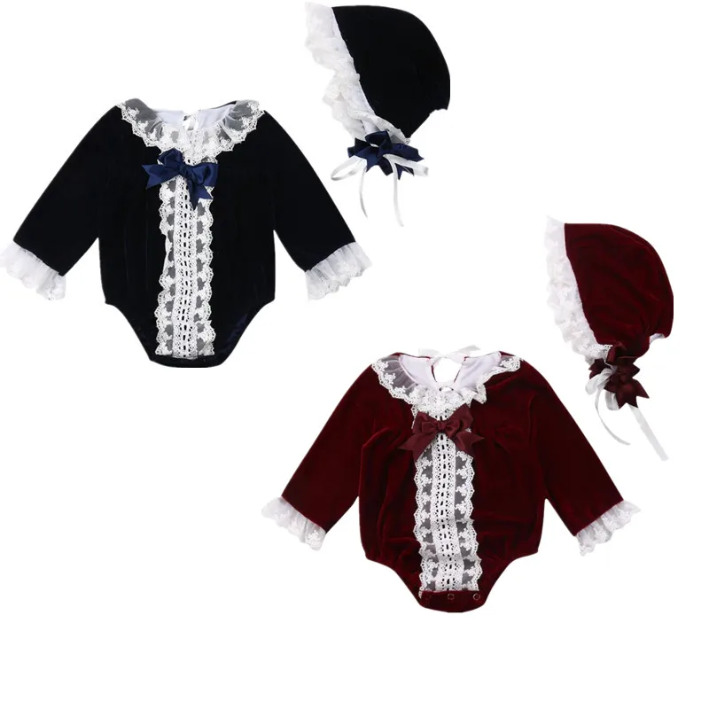 

Boutique girl clothes Newborn Infant Baby Girls Lace Long Sleeve Bodysuit Jumpsuit Hat Outfits Set Playsuit