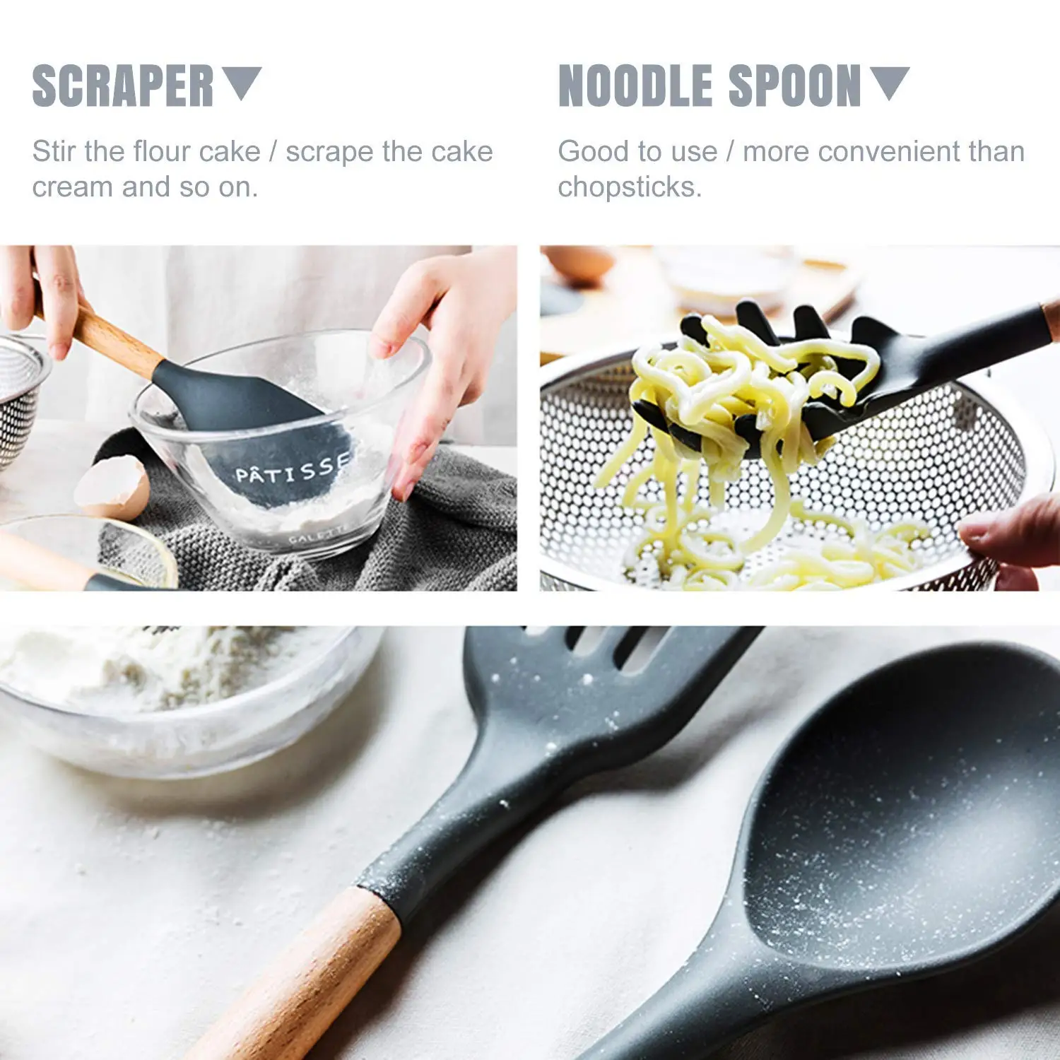 Silicone Cooking Utensils Set, Kitchen Utensil Set of 9 Packs Wooden Cooking Utensils, Rubber Spatula Spoon Set Tools for Cook