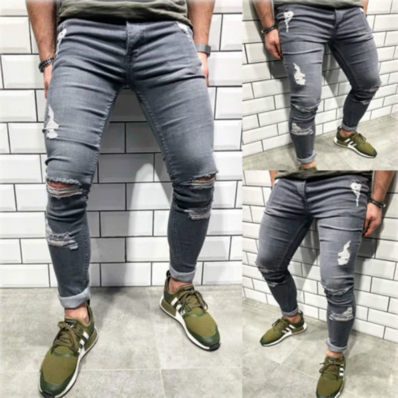 2019 мужские стильные рваные джинсы брюки байкерские обтягивающие тонкие прямые потертые джинсовые брюки новые модные обтягивающие джинсы