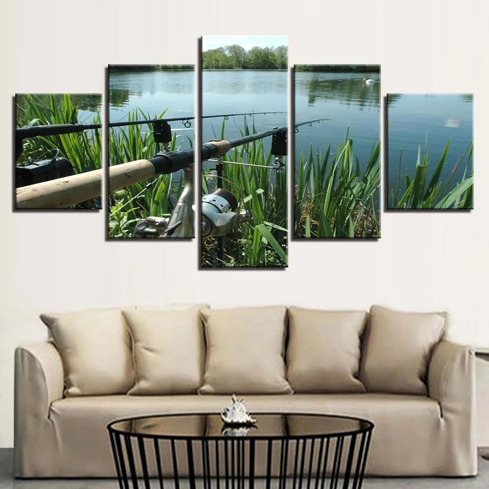 

Modular Canvas HD Prints Paintings Home Decor 5 Pieces Fishing Rod Pictures Lake Fishing Posters Living Room Wall Art Framework