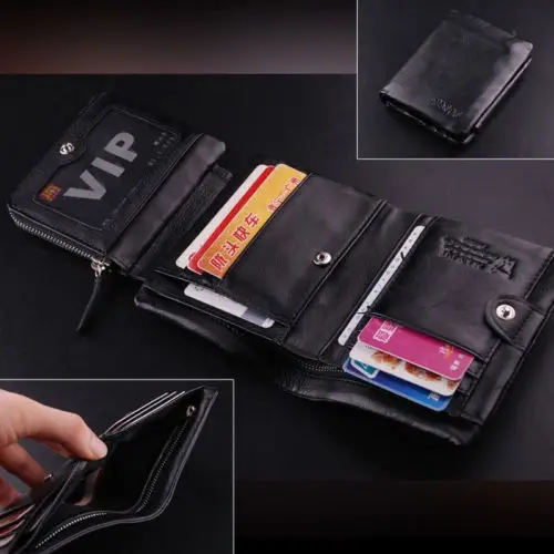 

Quality Men's Leather Trifold Black Wallet Money Bag Credit Card Holder Zip Coin Purse