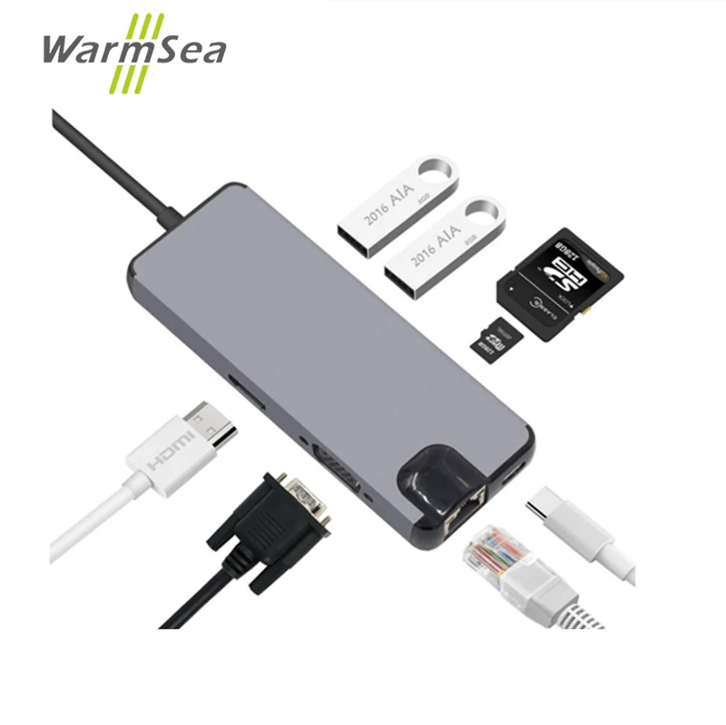 

USB C HUB Type C Adapter With HDMI 4k VGA 1080p RJ45 Ethernet interface 100M USB 3.0 SD TF for Macbook Pro Huawei Chromebook