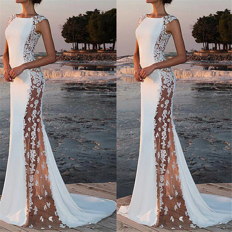 

Women Dress Summer Sexy Sleeveless Long Evening Party Dress Maxi Sundress Ladies Lace Dresses Hollow Out White Bodycon Dresses
