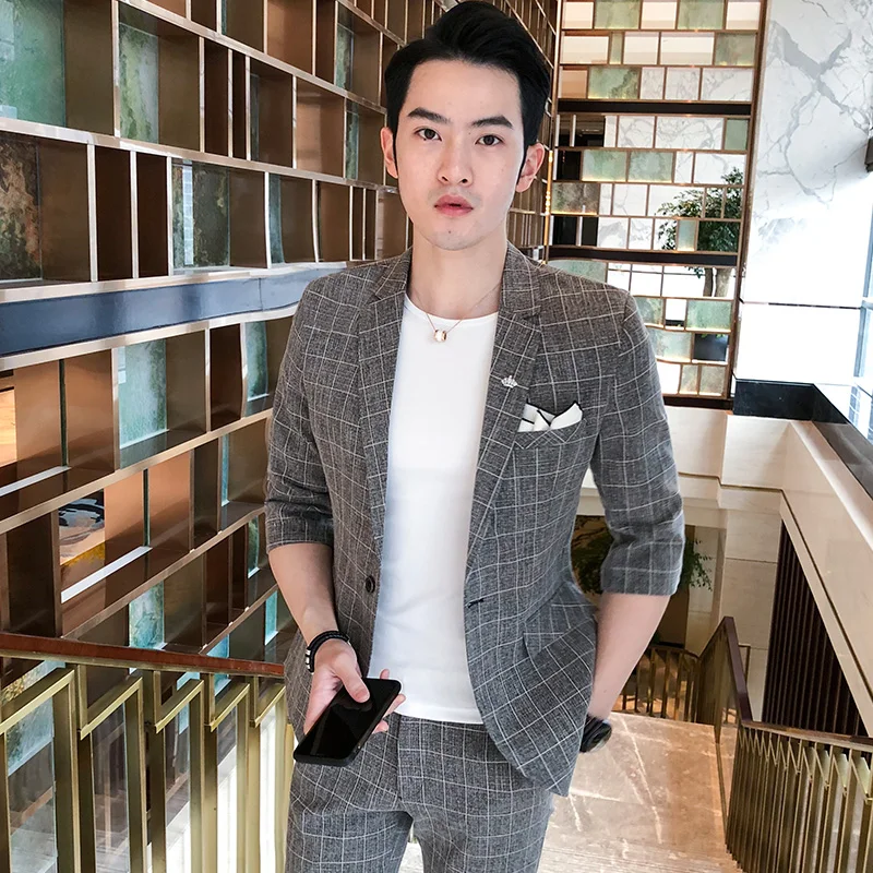 2019 New Pattern Male Sleeve Man's Suit Plus 7 Part Majestic Pants Youth Self-cultivation Check Twinset Fashion Best Thin Black
