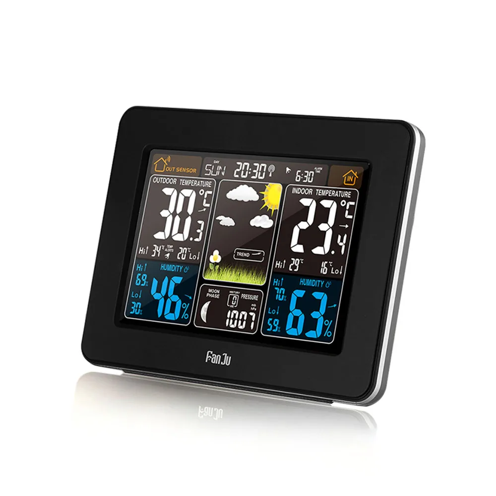 Beste FanJu FJ3365 EU US Plug Weerstation multifunctionele Digitale Klok Temperatuur Vochtigheid Maanfase Bureau Tafel LCD wekker