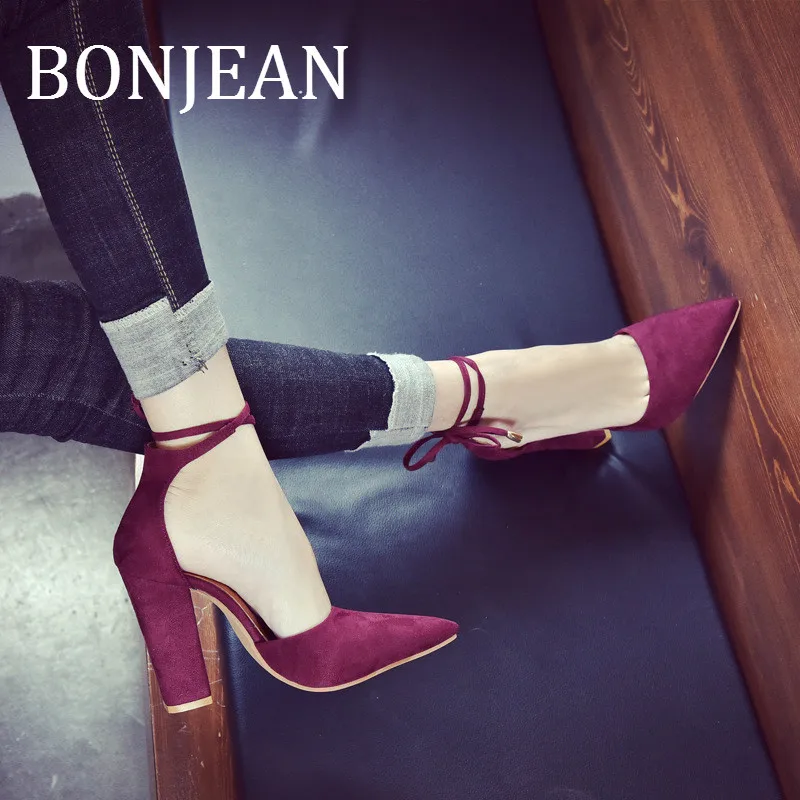 

BONJEAN 2019 Summer Shoes Pointed Toe High Heel Shoes for Women Ankle Strap Sandals Ladies Square Heel Wine Red Shoes BJ1302