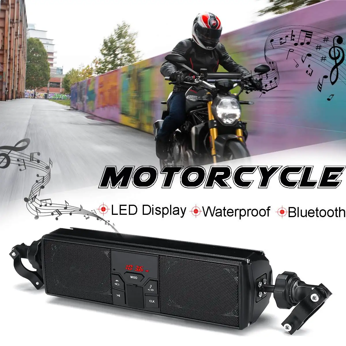 

Motorcycle Speaker Motorbike Bluetooth Stereo Speaker LED Display MP3/TF/USB FM Radio Waterproof Adjustable Bracket Audio Player