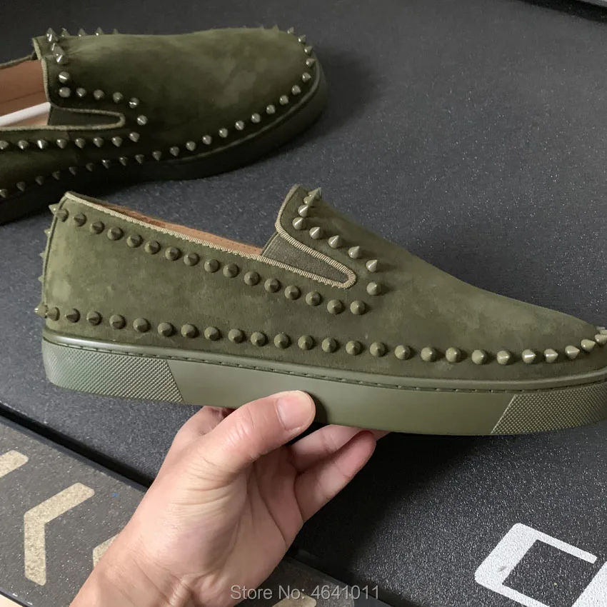 

Low Cut Sneakers Leisure cl andgz Slip On Full army Green leather Circle Rivets Red bottoms For Men Shoes casual Flat Loafers