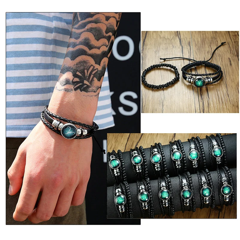 

2Pcs/Set Aries Horoscope Multi-layer Leather Bracelet Men Women 12 Constellations Unisex Gift Accessories