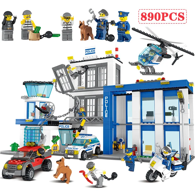 

890pcs Truck Helicopter Building Blocks Police Station Figures Compatible Legoing City Enlighten Bricks Toys For Children