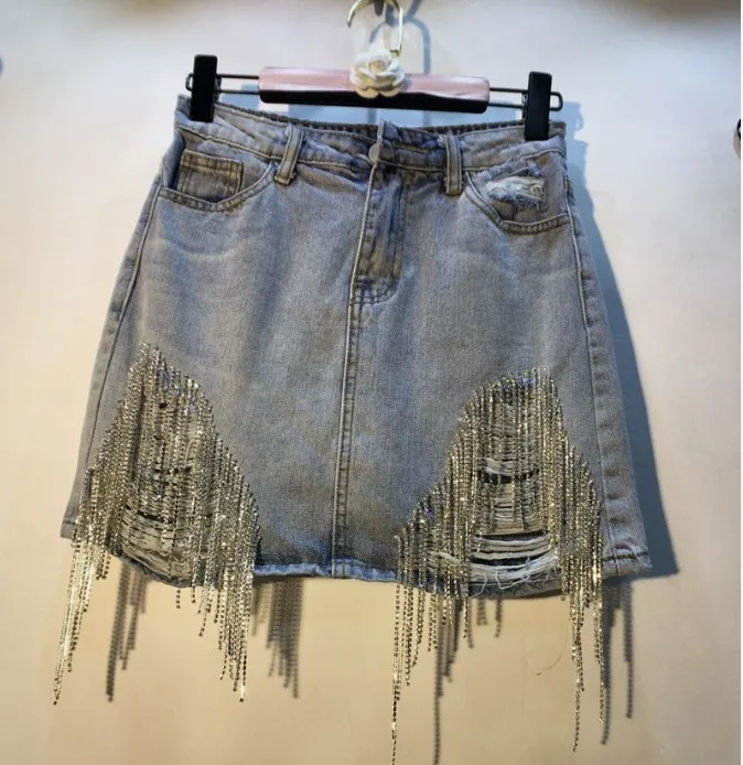 

European Women Blue Denim Skirt 2019 New Summer Rhinestone Drilled High Waist Hole Jean Skirt Girls Lady Short Mini Skirts