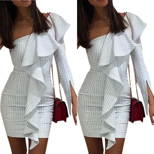 

USA Sexy Women One Shoulder Bodycon Evening Party Pencil Dress Elegant Lotus Leaf Stretch Mini Club Dress 2019 New Arrival