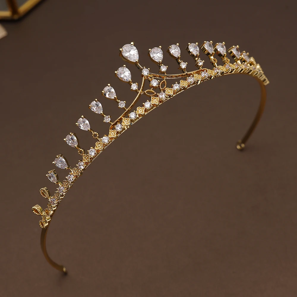 Golden Color Copper Tiara AAA Cubic Zirconia Princess Crown Headdress