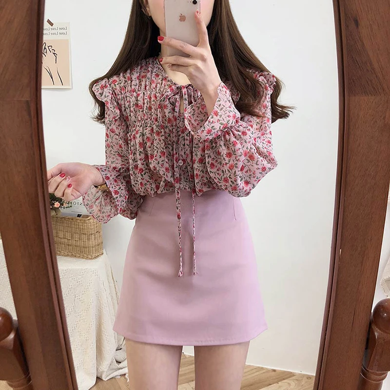  Chiffon Blouses Shirts Women Top Korean Style Clothes Long Sleeve Red Floral Printed Ruffled Top Bo